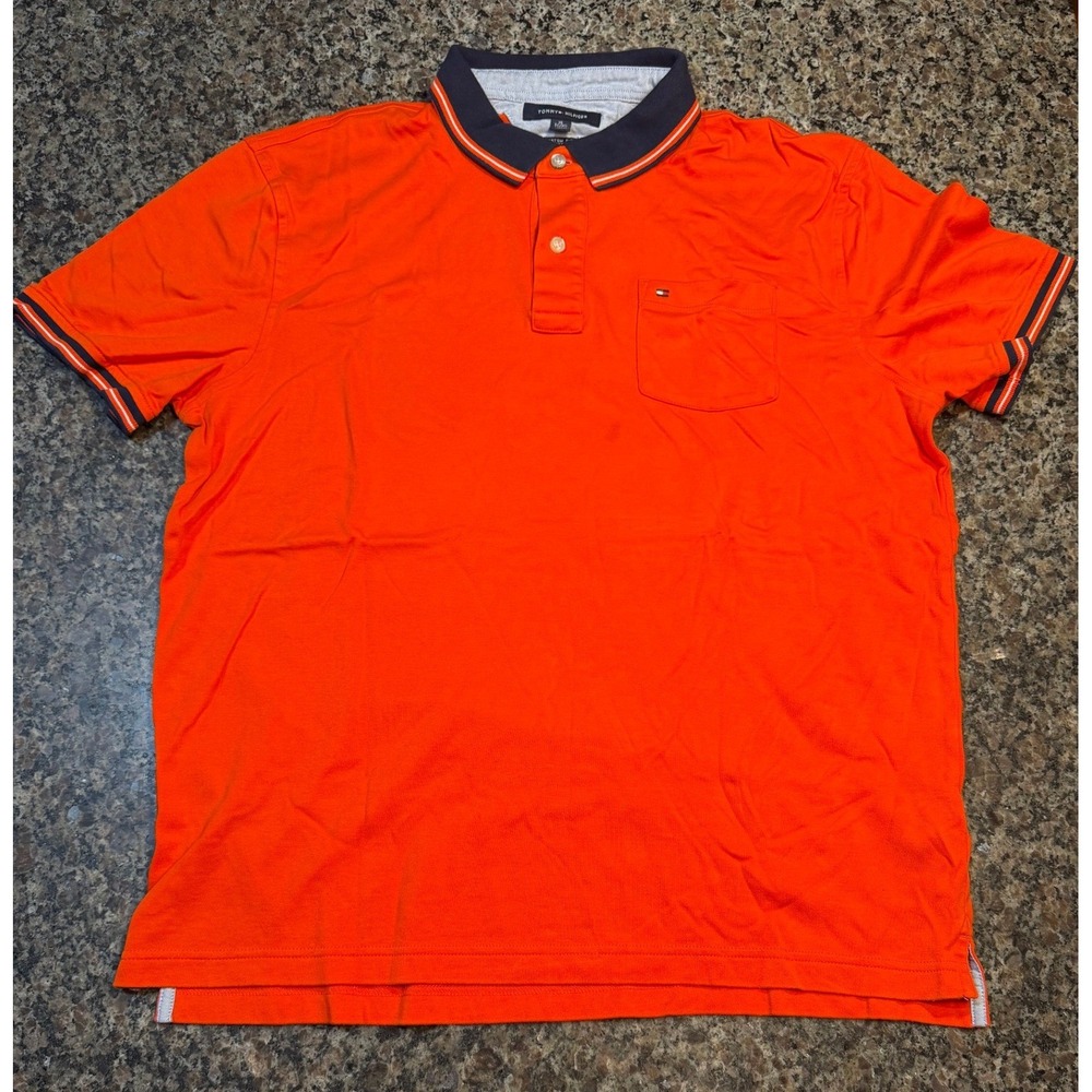 Tommy‎ Hilfiger Mens XL Orange Custom Fit Short Sleeve Polo Shirt Chest Pocket